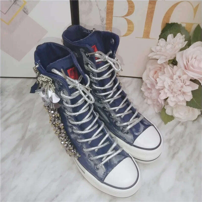 JELLYFOND Women Canvas Shoes Flat Sneakers Ladies Platform Sneaker Casual High Tops Lace Up Crystal Bling Shoes Female