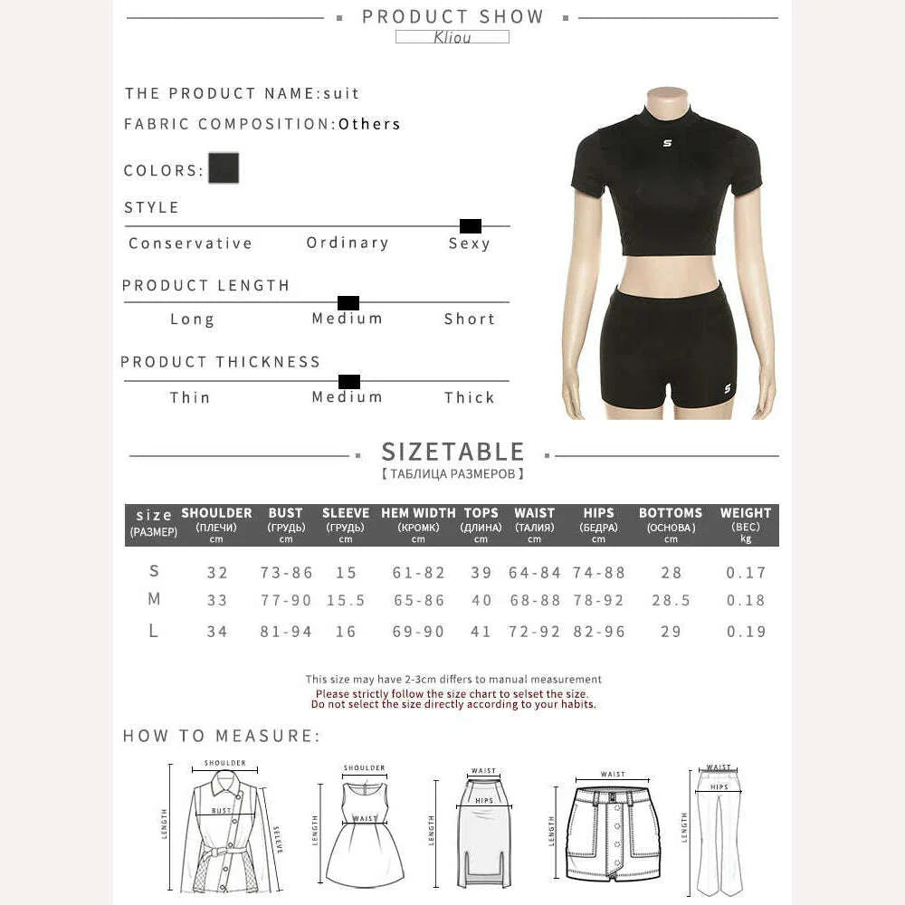 Kliou Letter Applique Solid Two Pieces Set Women Sporty Crew Neck Crop Tops + High Waist Shorts Lady Minimalist Activewear Suit