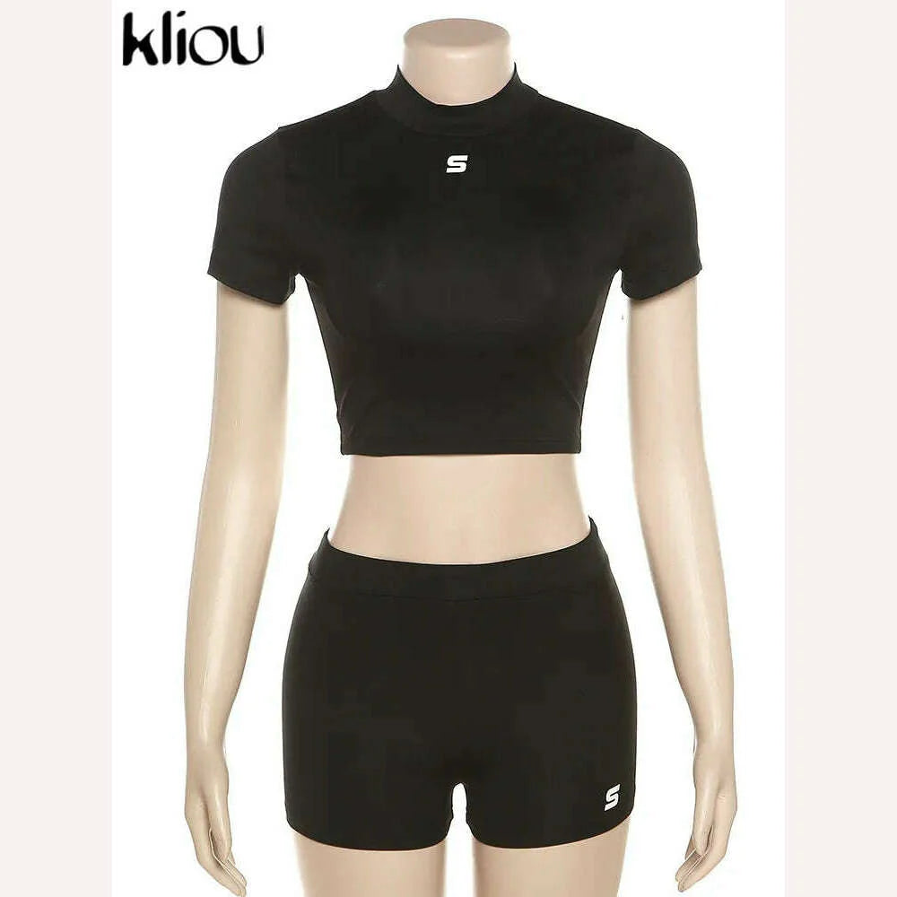 Kliou Letter Applique Solid Two Pieces Set Women Sporty Crew Neck Crop Tops + High Waist Shorts Lady Minimalist Activewear Suit