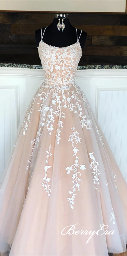 Lovely Lace Tulle Long Prom Dresses, Newest Prom Dresses, Popular Long Prom Dresses