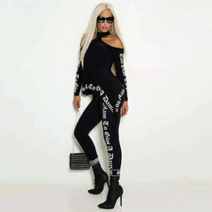 Letter Print Shoulder Cut Out Tees&amp;Leggings Ladies Suits Casual Sports Cropped 2 Peice Long Sleeves And Pants For Women