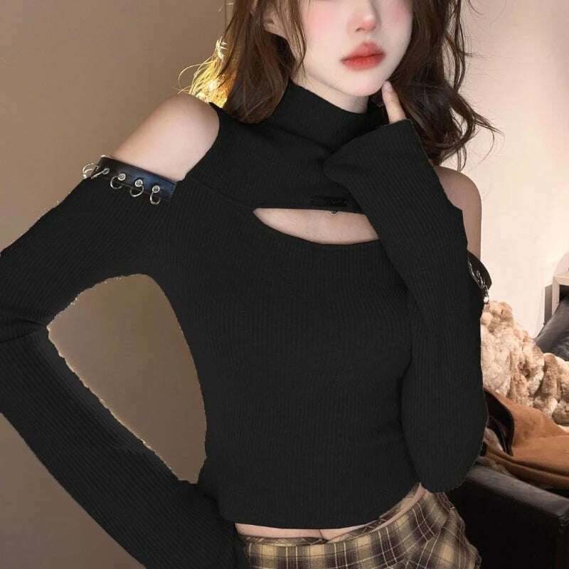 Long Sleeve T-shirts Women Hollow Out Spliced Slim-fit Sexy Autumn Turtleneck All-match Off Shoulder Hot Girls Streetwear Soft