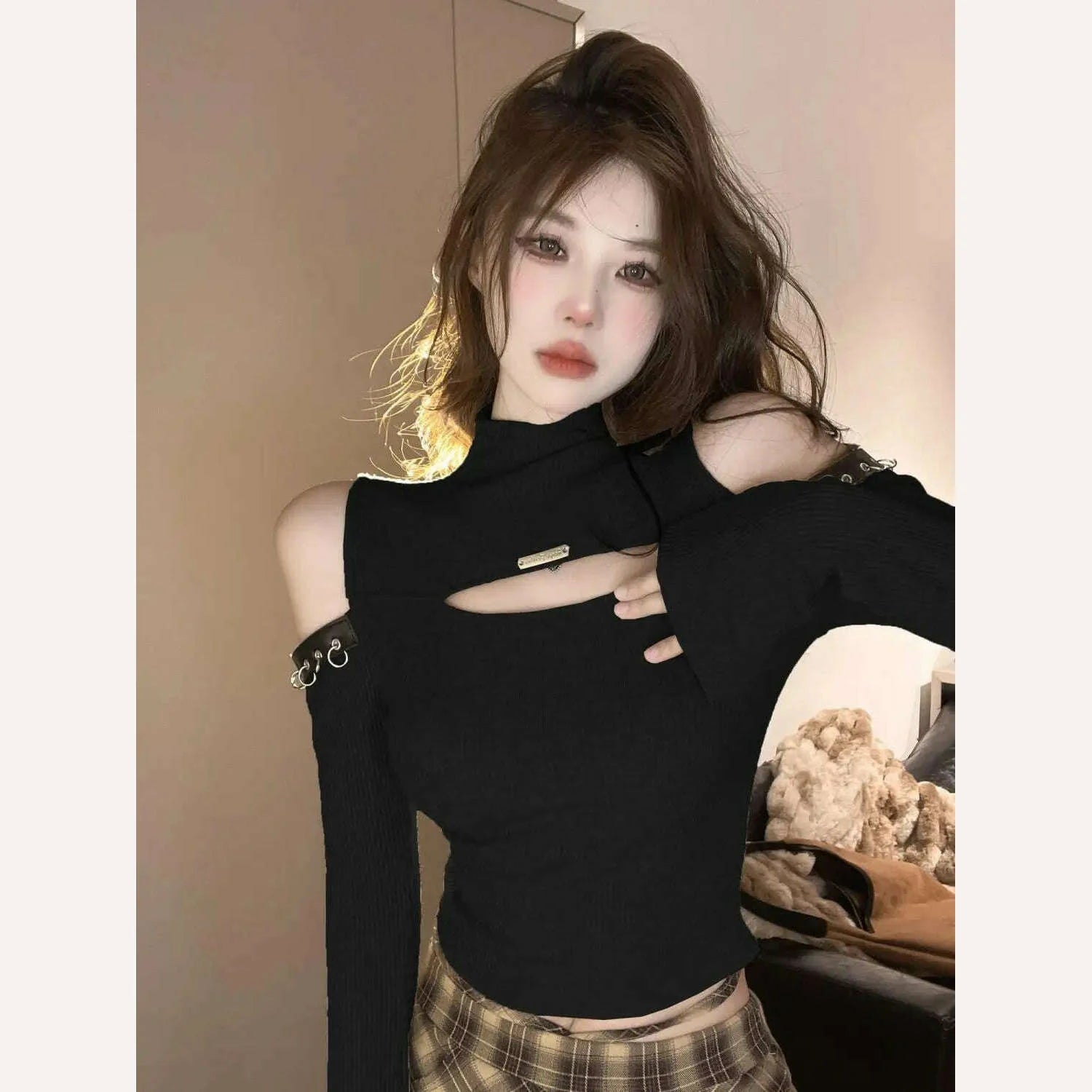 Long Sleeve T-shirts Women Hollow Out Spliced Slim-fit Sexy Autumn Turtleneck All-match Off Shoulder Hot Girls Streetwear Soft