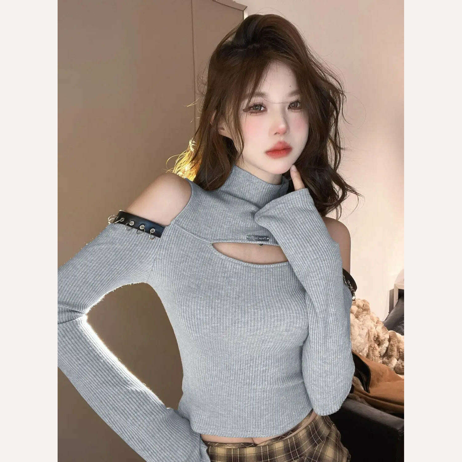 Long Sleeve T-shirts Women Hollow Out Spliced Slim-fit Sexy Autumn Turtleneck All-match Off Shoulder Hot Girls Streetwear Soft