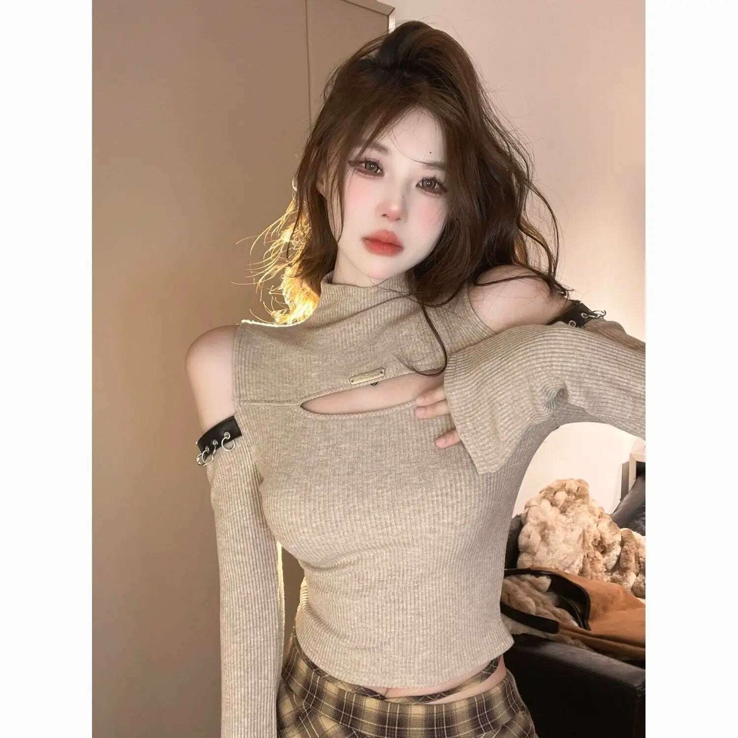 Long Sleeve T-shirts Women Hollow Out Spliced Slim-fit Sexy Autumn Turtleneck All-match Off Shoulder Hot Girls Streetwear Soft