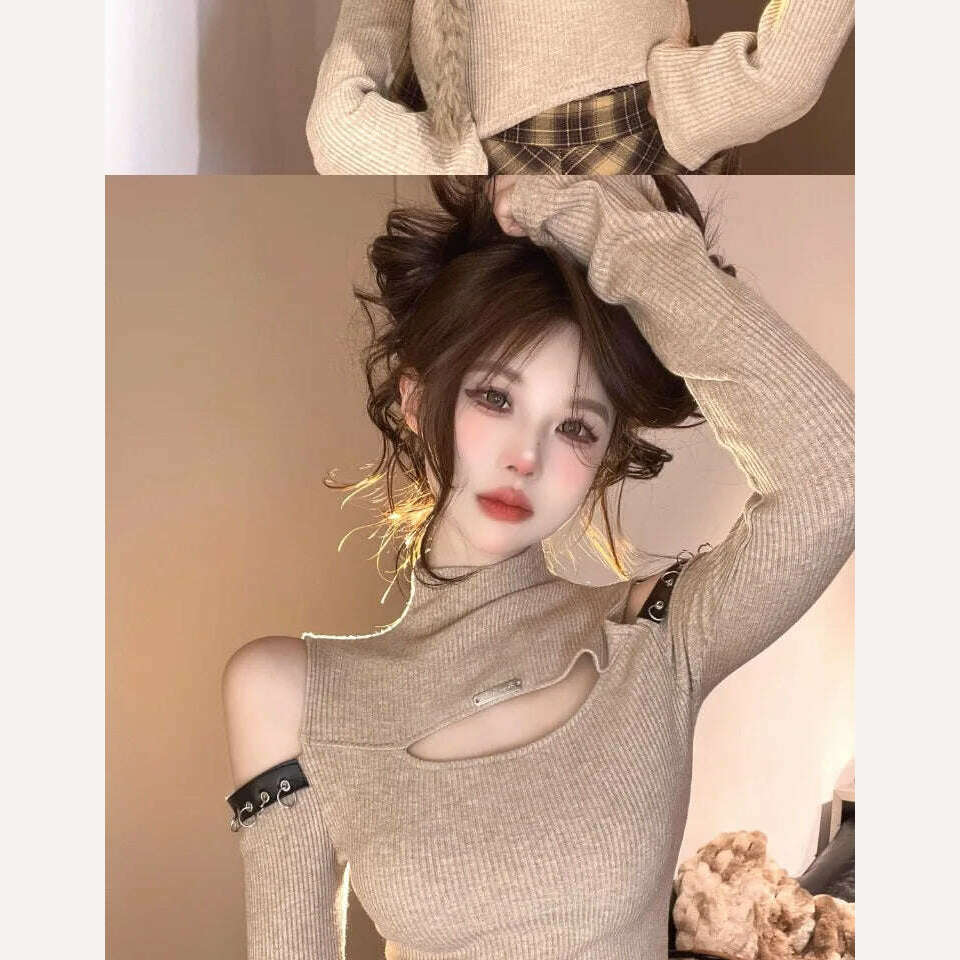 Long Sleeve T-shirts Women Hollow Out Spliced Slim-fit Sexy Autumn Turtleneck All-match Off Shoulder Hot Girls Streetwear Soft