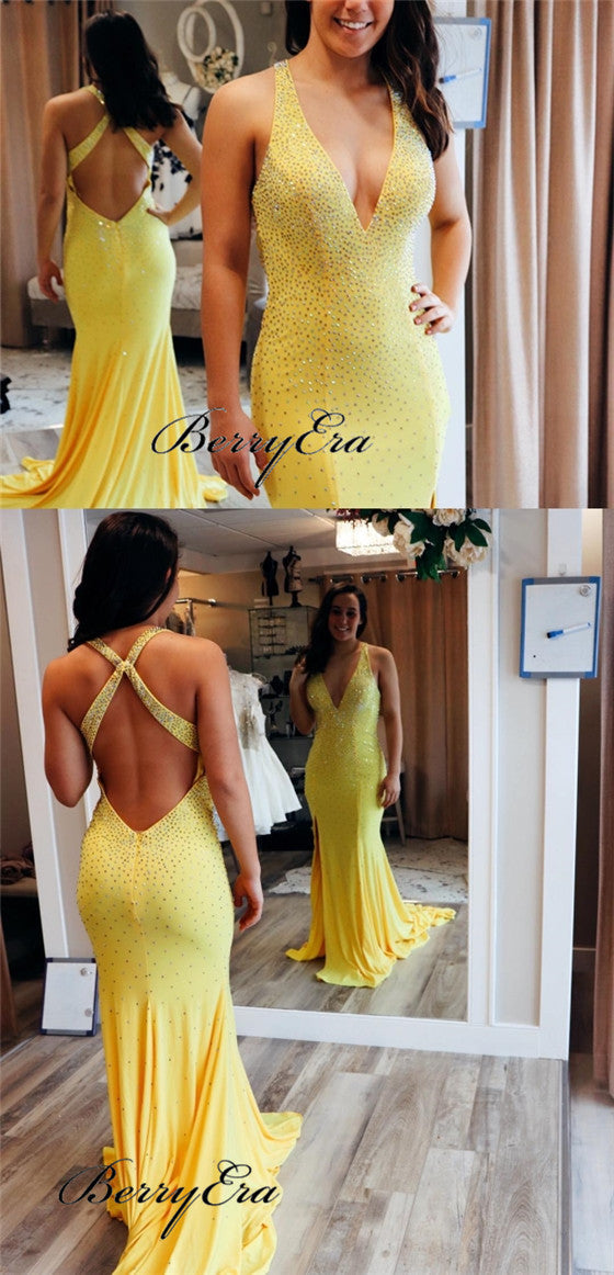 V-neck Long Mermaid Yellow Jersey Beaded Prom Dresses, Newest Prom Dresses