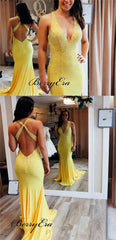 V-neck Long Mermaid Yellow Jersey Beaded Prom Dresses, Newest Prom Dresses