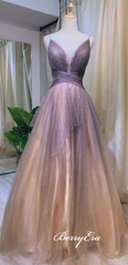 Spaghetti Long V-neck Sequin Tulle Prom Dresses, Lovely Gradient Prom Dresses, Newest Prom Dresses