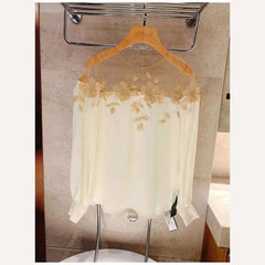 Luxury Flowers Embroidery Mesh Stitching Satin Shirt Sweet Long Sleeved Faux Silk Blouses Loose OL Gauze Glossy Crop Tops Blusas