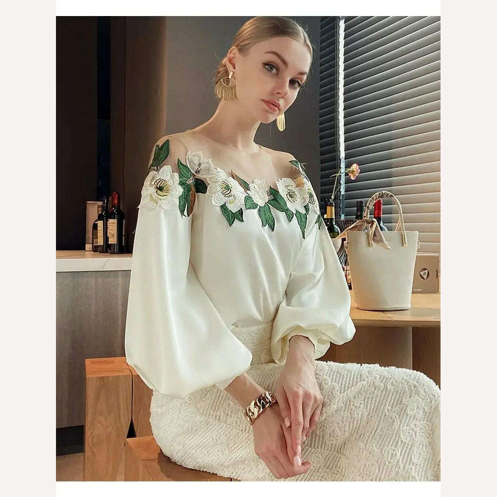 Luxury Flowers Embroidery Mesh Stitching Satin Shirt Sweet Long Sleeved Faux Silk Blouses Loose OL Gauze Glossy Crop Tops Blusas