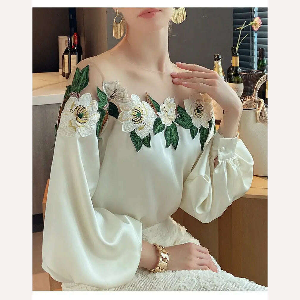 Luxury Flowers Embroidery Mesh Stitching Satin Shirt Sweet Long Sleeved Faux Silk Blouses Loose OL Gauze Glossy Crop Tops Blusas