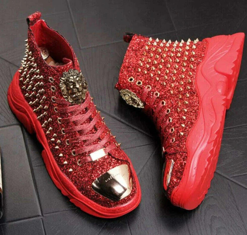 Luxury rivet Boots Men's shoes designer sneakers men punk high tops gold red light bottom Casual Platform shoe zapatillas hombre