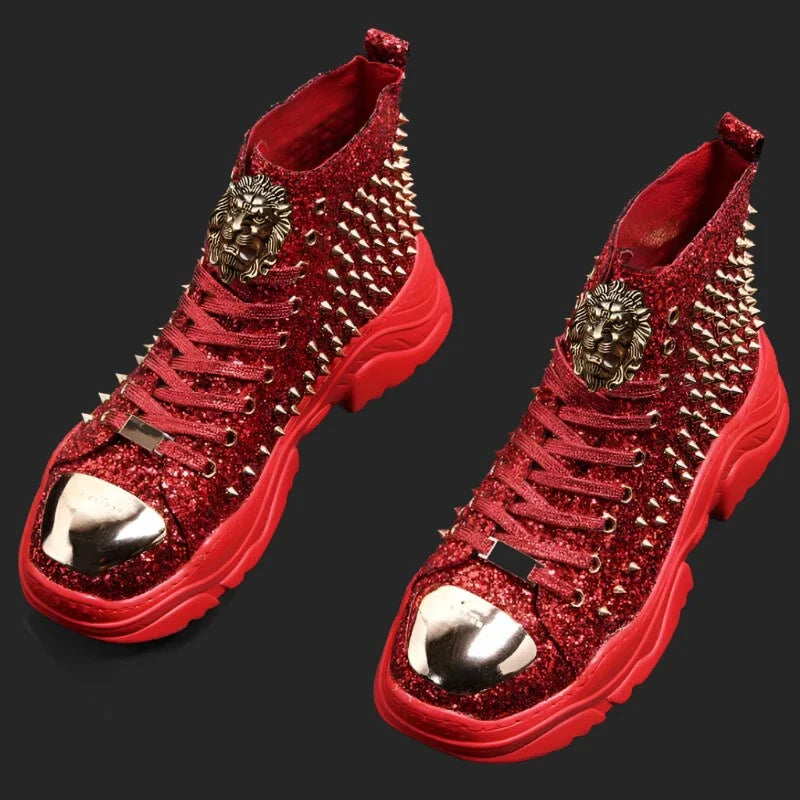 Luxury rivet Boots Men's shoes designer sneakers men punk high tops gold red light bottom Casual Platform shoe zapatillas hombre