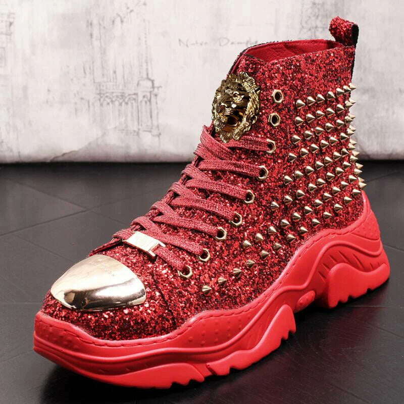 Luxury rivet Boots Men's shoes designer sneakers men punk high tops gold red light bottom Casual Platform shoe zapatillas hombre