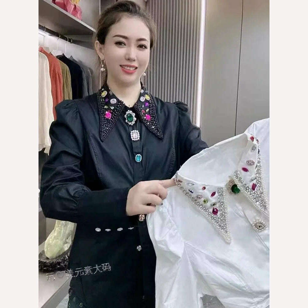 Luxury Sparking Women Rhinestones Beaded Cotton Shirts and Blouses Autumn Spring White Black Diamonds Loose Tops Blusas Female