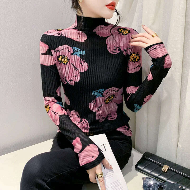 MadBlack European Clothes Tshirt Women Turtleneck Fashion Print Slim Mesh Tops Long Sleeve Workwear Tees Autumn Winter T30692JC