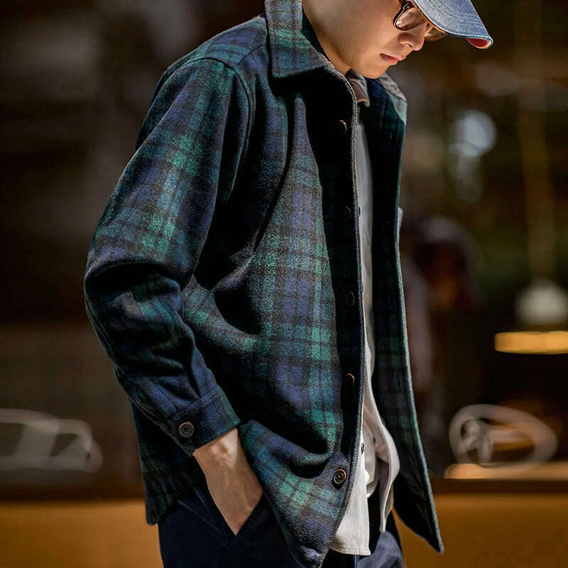 Maden American Retro Blue Green Plaid Wool Jacket Loose Thick Plaid Shirt Jacket Men's Coat Clothing Spring And Autumn