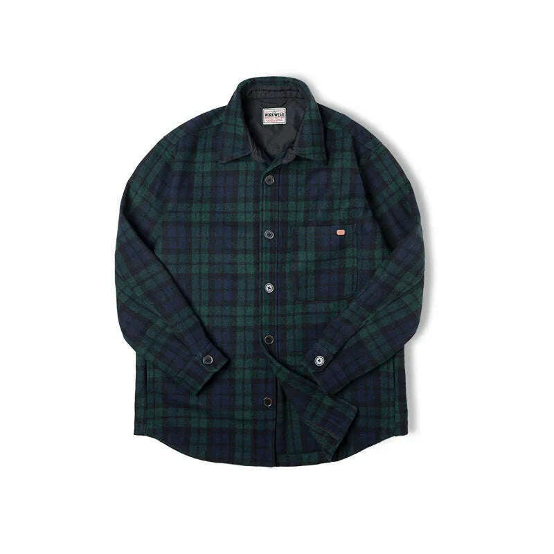 Maden American Retro Blue Green Plaid Wool Jacket Loose Thick Plaid Shirt Jacket Men's Coat Clothing Spring And Autumn