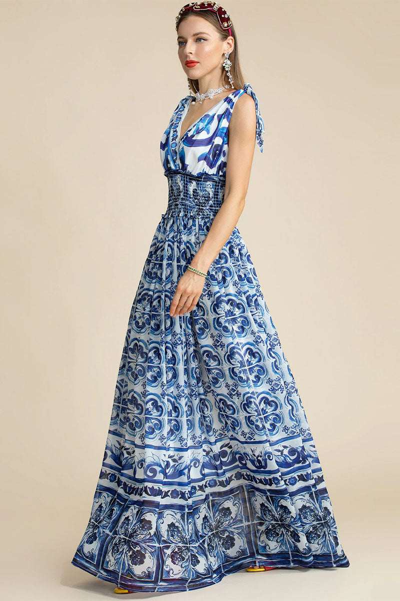 Mediterraneo Long Majolica Print Maxi Dress