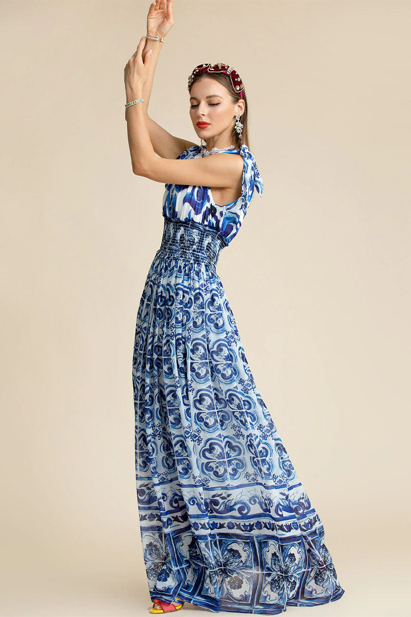 Mediterraneo Long Majolica Print Maxi Dress