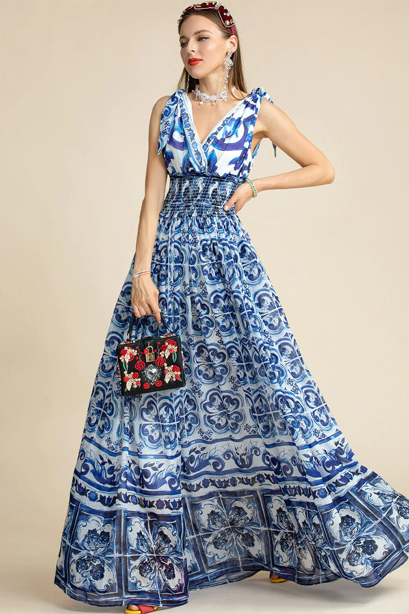 Mediterraneo Long Majolica Print Maxi Dress