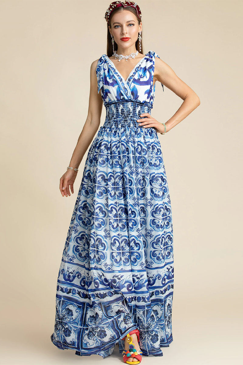 Mediterraneo Long Majolica Print Maxi Dress