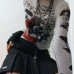 Mesh Gothic Aesthetic See Through Women T-shirts Grunge Sexy Printed Bodycon Crop Tops Punk E-girl Long Sleeve Clothes