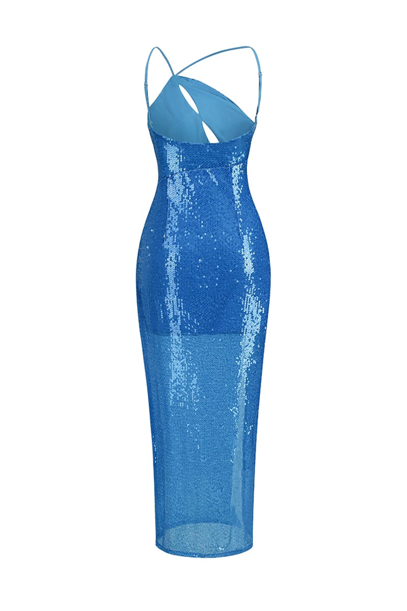 Mesmerizing Sky Blue Sequin One-Shoulder Maxi Dress