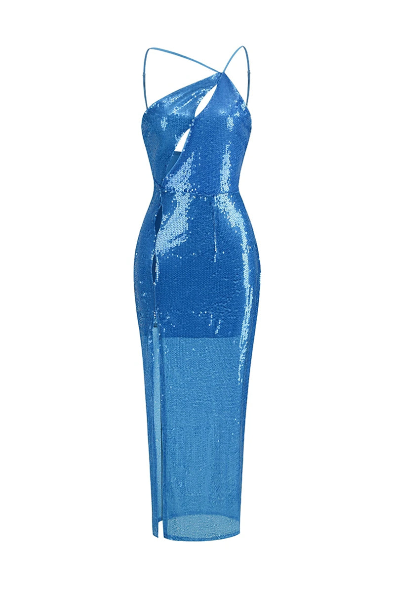 Mesmerizing Sky Blue Sequin One-Shoulder Maxi Dress