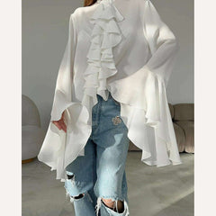 Mnealways18 Chiffon White Ruffled Shirts For Women Flare Sleeve Oversize Laminated Flounces Elegant Blouses And Tops Spring 2024