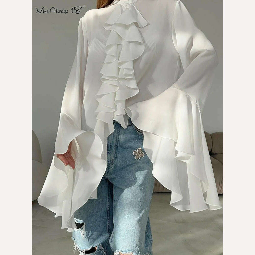 Mnealways18 Chiffon White Ruffled Shirts For Women Flare Sleeve Oversize Laminated Flounces Elegant Blouses And Tops Spring 2024