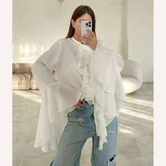 Mnealways18 Chiffon White Ruffled Shirts For Women Flare Sleeve Oversize Laminated Flounces Elegant Blouses And Tops Spring 2024