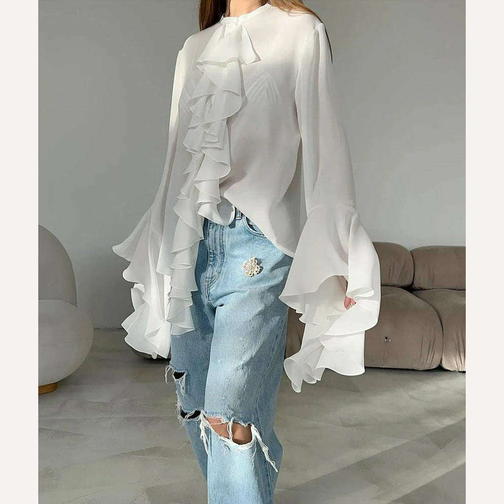 Mnealways18 Chiffon White Ruffled Shirts For Women Flare Sleeve Oversize Laminated Flounces Elegant Blouses And Tops Spring 2024