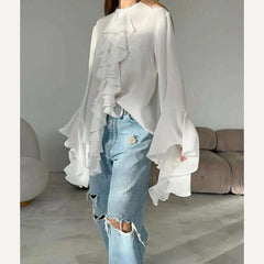 Mnealways18 Chiffon White Ruffled Shirts For Women Flare Sleeve Oversize Laminated Flounces Elegant Blouses And Tops Spring 2024