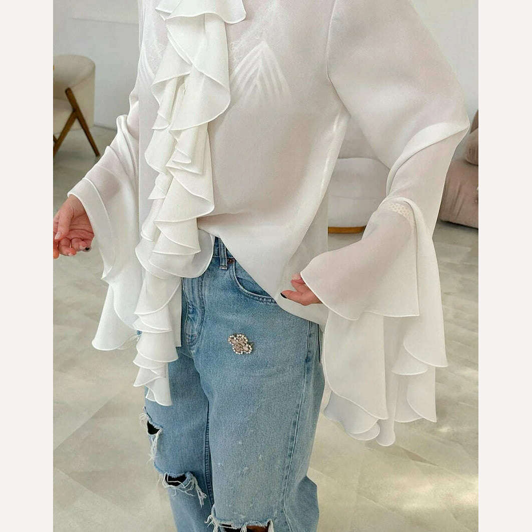 Mnealways18 Chiffon White Ruffled Shirts For Women Flare Sleeve Oversize Laminated Flounces Elegant Blouses And Tops Spring 2024