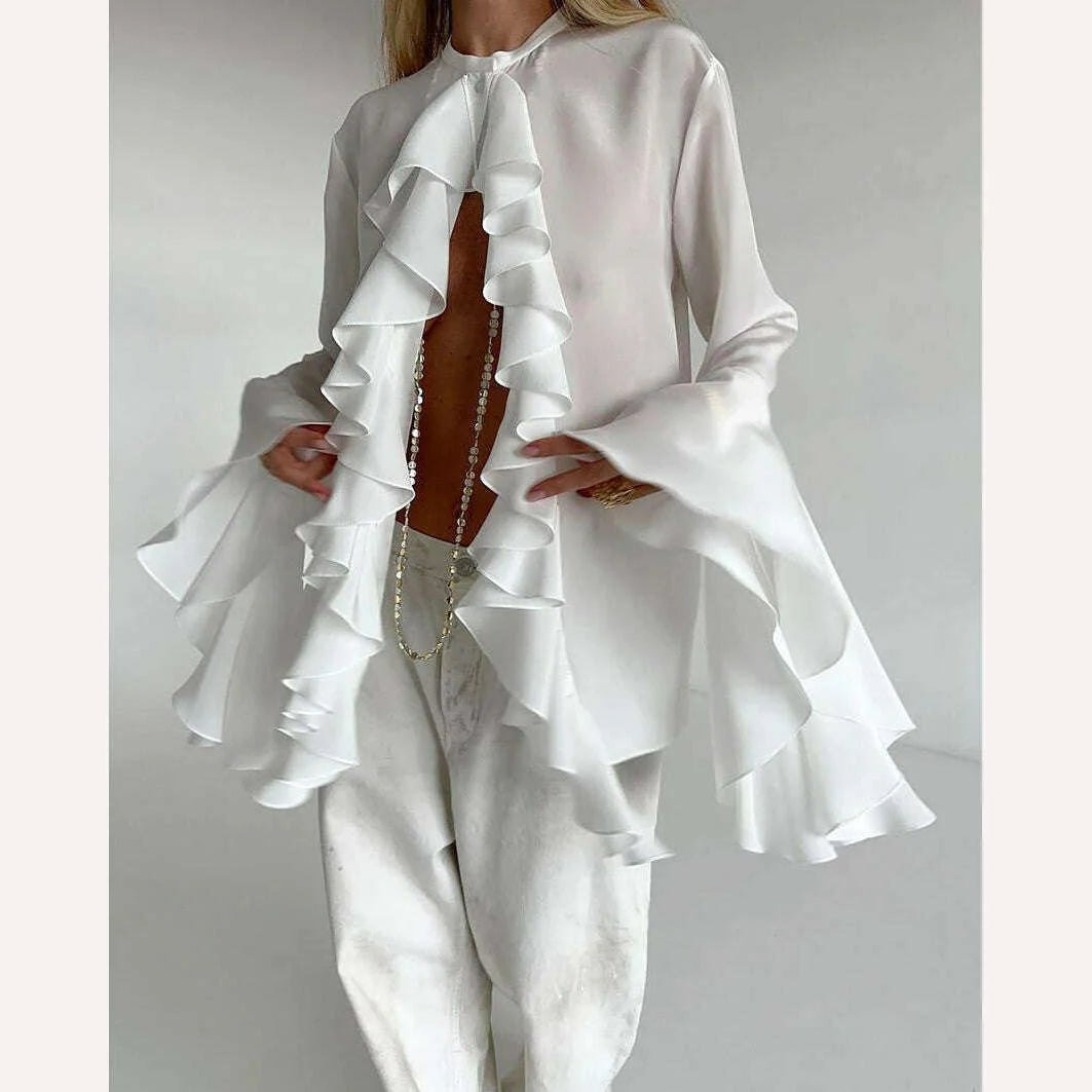 Mnealways18 Chiffon White Ruffled Shirts For Women Flare Sleeve Oversize Laminated Flounces Elegant Blouses And Tops Spring 2024