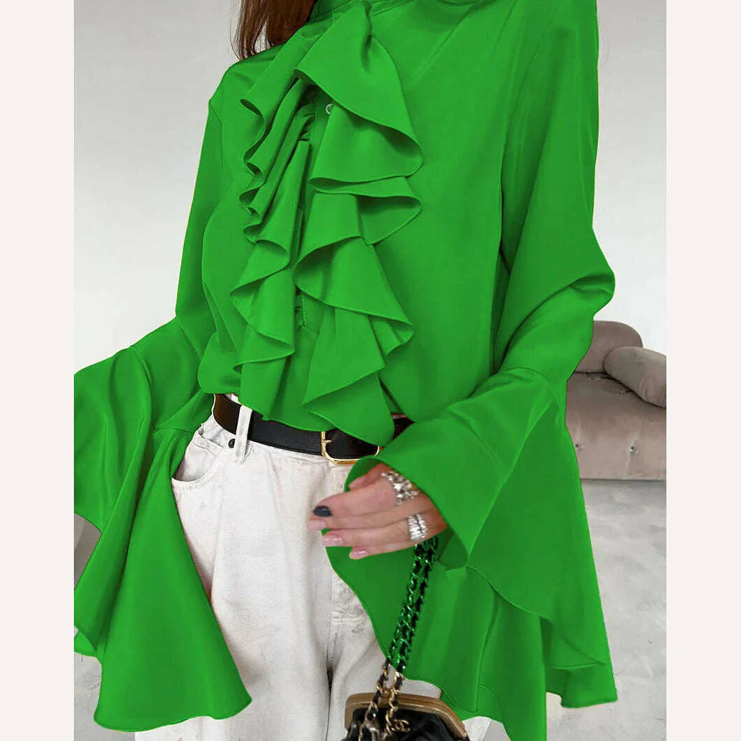 Mnealways18 Chiffon White Ruffled Shirts For Women Flare Sleeve Oversize Laminated Flounces Elegant Blouses And Tops Spring 2024