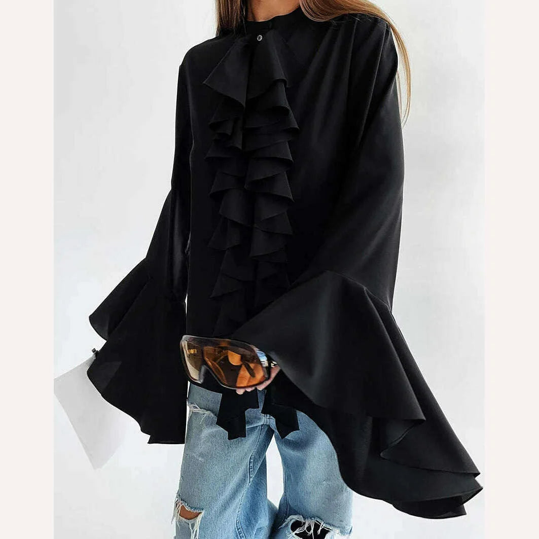 Mnealways18 Chiffon White Ruffled Shirts For Women Flare Sleeve Oversize Laminated Flounces Elegant Blouses And Tops Spring 2024