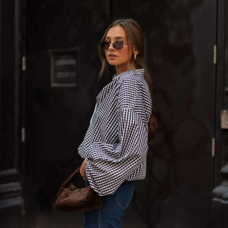 Mueyaruho 2023 Autumn Winter Women Office Oversized Black Plaid Shirt Long Sleeve Loose Fit Blouse Female