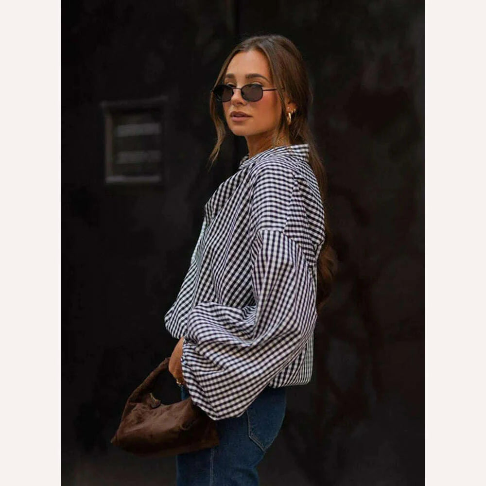 Mueyaruho 2023 Autumn Winter Women Office Oversized Black Plaid Shirt Long Sleeve Loose Fit Blouse Female