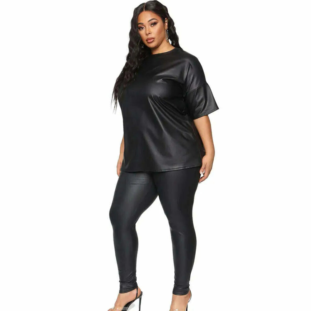 New Autumn / Winter Women Plus Size Two Piece Sets Pure Color O-neck Full Sleeve Sweatshirts + Skinny Pencil Pants PU Outfits