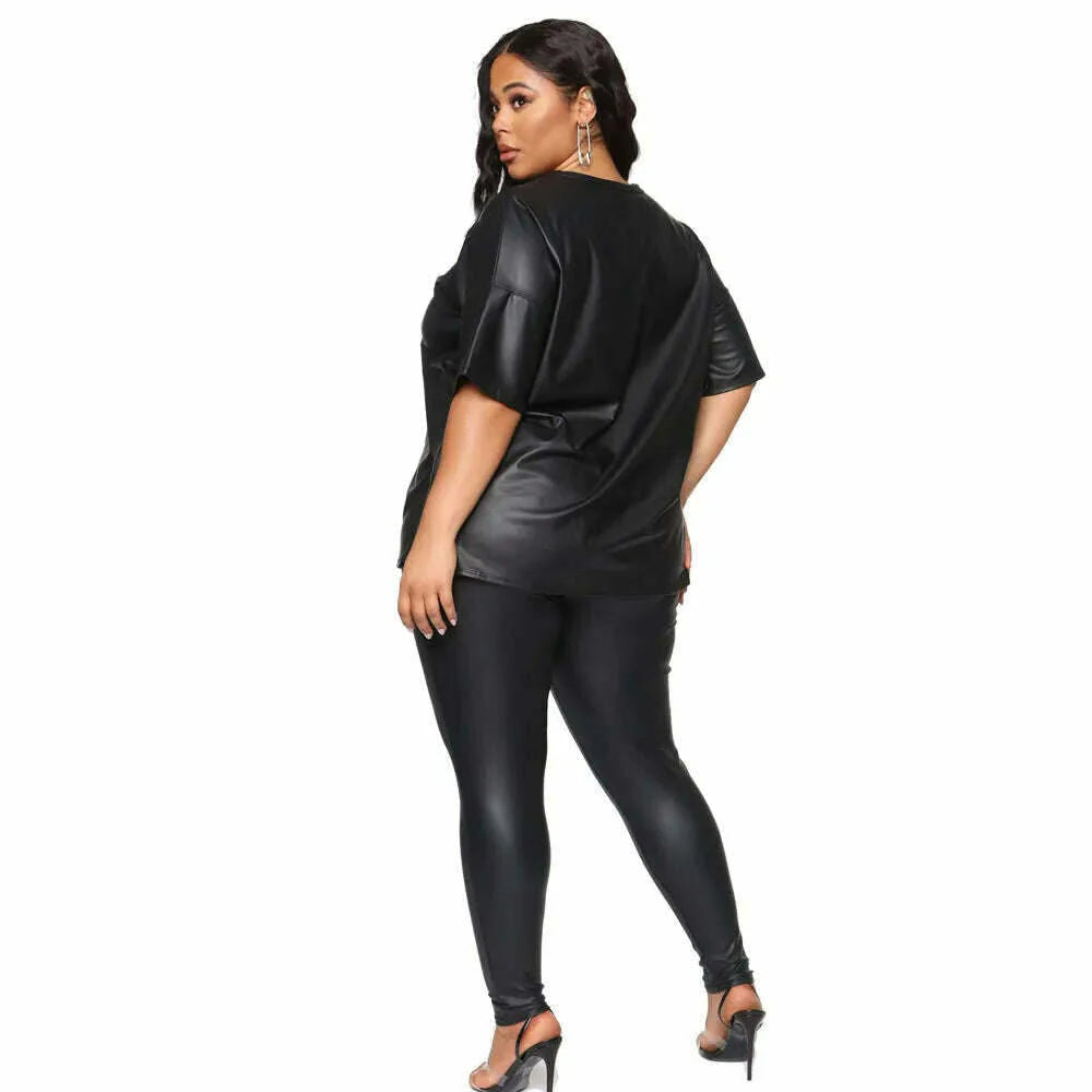 New Autumn / Winter Women Plus Size Two Piece Sets Pure Color O-neck Full Sleeve Sweatshirts + Skinny Pencil Pants PU Outfits