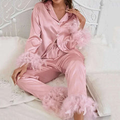 NHKDSASA Feathers Sleepwear Female 2 Piece Set Long Sleeve Turn Down Collar Tops Satin Casual Women Sets With Pants Summer 2022