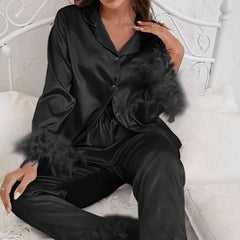 NHKDSASA Feathers Sleepwear Female 2 Piece Set Long Sleeve Turn Down Collar Tops Satin Casual Women Sets With Pants Summer 2022