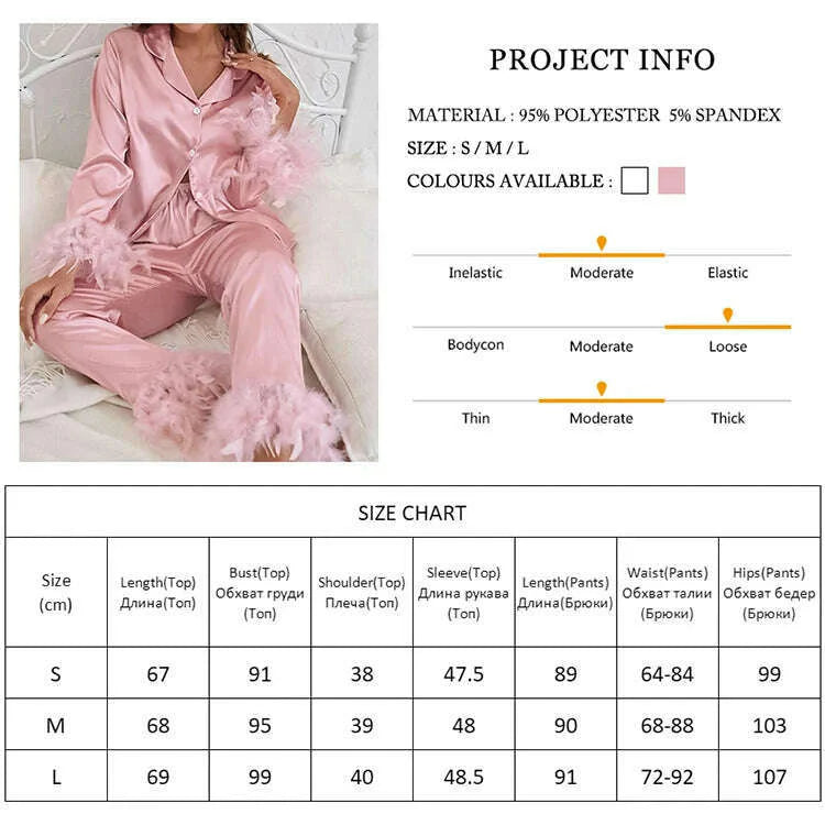 NHKDSASA Feathers Sleepwear Female 2 Piece Set Long Sleeve Turn Down Collar Tops Satin Casual Women Sets With Pants Summer 2022