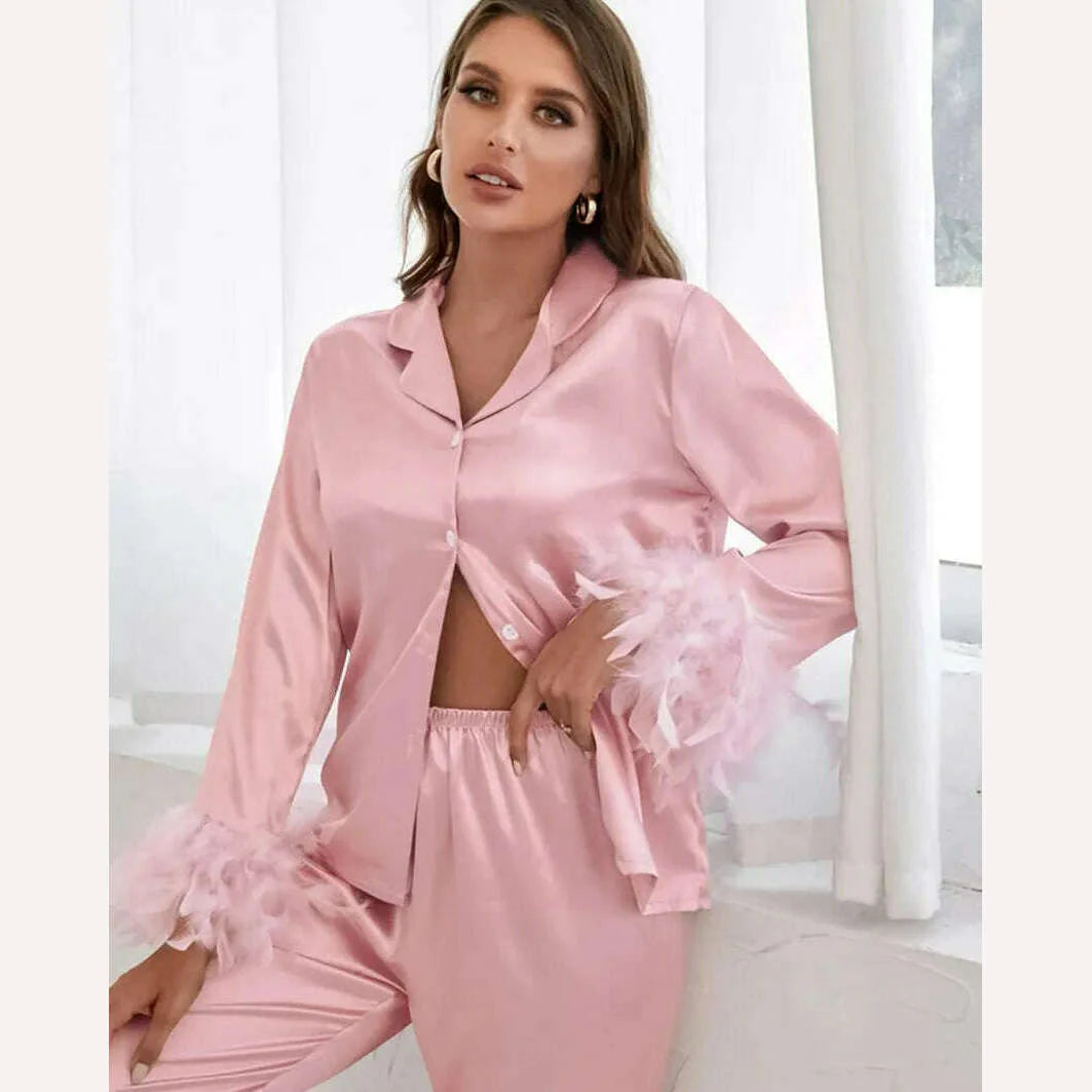 NHKDSASA Feathers Sleepwear Female 2 Piece Set Long Sleeve Turn Down Collar Tops Satin Casual Women Sets With Pants Summer 2022