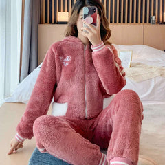 Novelty Pajamas Winter Hooded Thick Flannel Pajamas Set Fat Laides Velvet Nightwear Sweatshirt Warm Kawaii Home Clothes