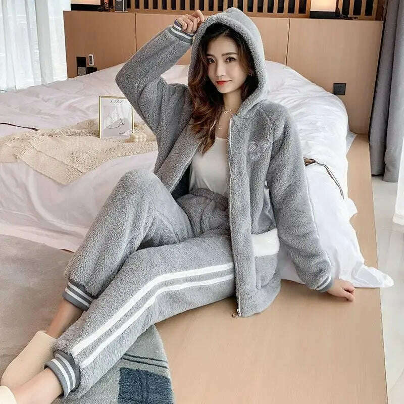 Novelty Pajamas Winter Hooded Thick Flannel Pajamas Set Fat Laides Velvet Nightwear Sweatshirt Warm Kawaii Home Clothes