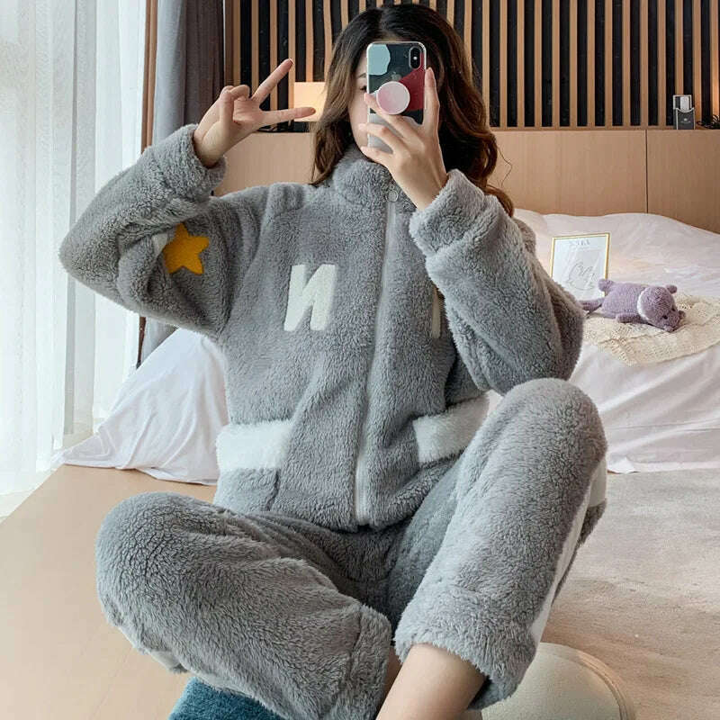 Novelty Pajamas Winter Hooded Thick Flannel Pajamas Set Fat Laides Velvet Nightwear Sweatshirt Warm Kawaii Home Clothes